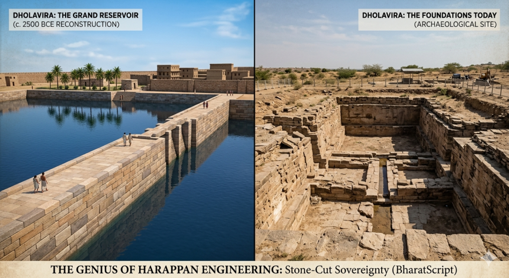 The Stone-Cut Sovereignty: Decoding the 4,500-Year-Old Hydraulic Genius of Dholavira The Grand Eastern Reservoir of Dholavira at its height—an engineering feat capable of holding millions of litres. Right: The massive stone footprint that remains today, proving the precision of our ancestors.
