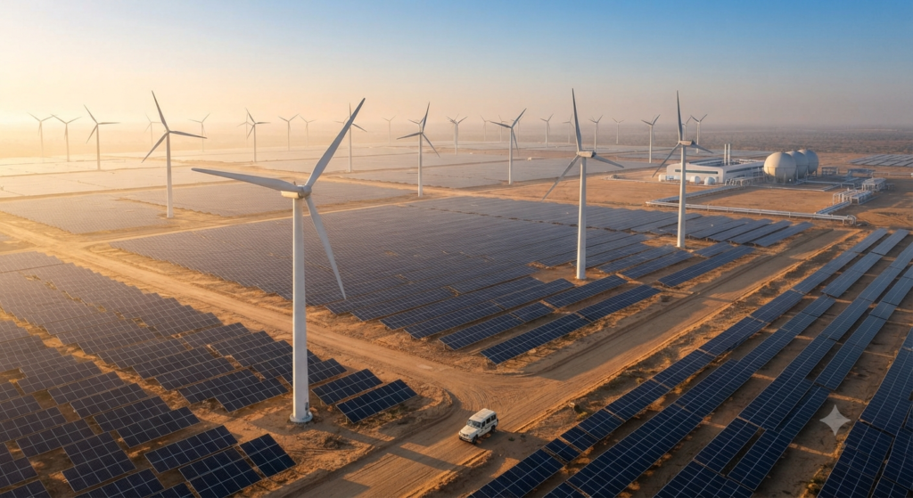 Fueling the Future: India’s Roadmap to Becoming a Global Green Hydrogen Hub This picture captures the vast scale of a hybrid renewable energy park in the arid deserts of Rajasthan.