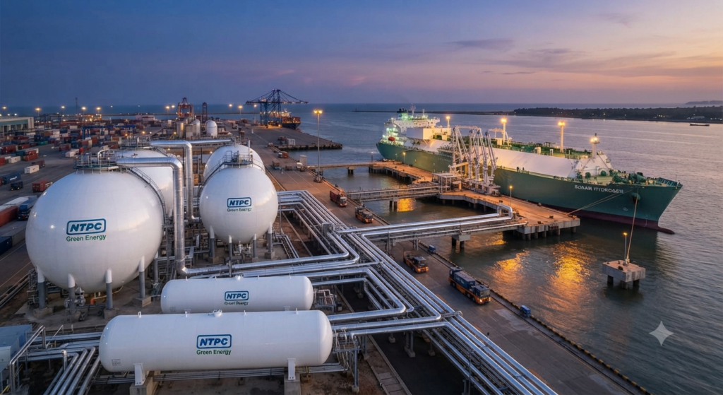 Fueling the Future: India’s Roadmap to Becoming a Global Green Hydrogen Hub A specialized gas carrier, the 'SUGAM HYDROGEN,' is shown being loaded, symbolizing India's emergence as a key exporter to markets in Europe and Asia.