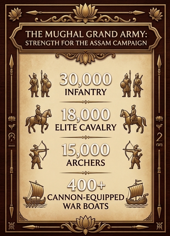 Lachit Borphukan: The General Who Saved the Northeast An infographic detailing the formidable composition of the 63,000-strong Mughal invasion force—complete with specialised cavalry, archers, and heavy naval galleons—that attempted to annex Assam in the 17th century.