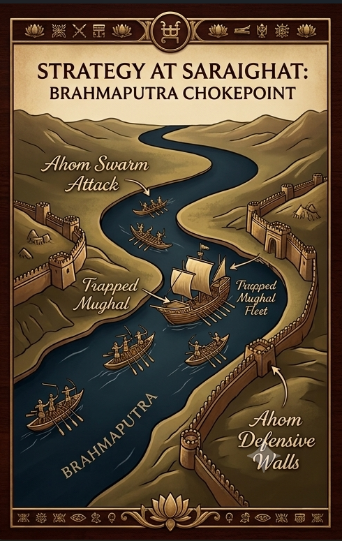 Lachit Borphukan: The General Who Saved the Northeast The strategic chokepoint at Saraighat. This tactical diagram illustrates how Lachit Borphukan utilised the defensive earthen walls and the Brahmaputra’s narrow channel to execute a devastating naval swarm manoeuvre against the trapped Mughal fleet.