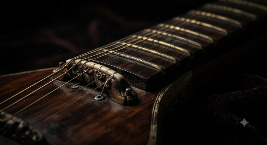 The Geometry of Sound: How Ancient India Quantified Raga The Physics of Sound: An extreme macro close-up of the Saraswati Veena, focusing on the brass frets and the primary sarani (playing strings).