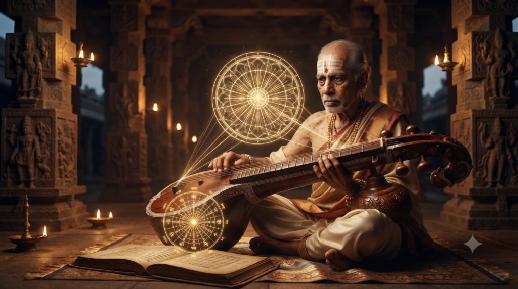 The Geometry of Sound: How Ancient India Quantified Raga Venkatamakhin codifying the 72 Melakarta Raga system on a Veena in an ancient temple, visualizing Nada Brahma as sacred geometry.