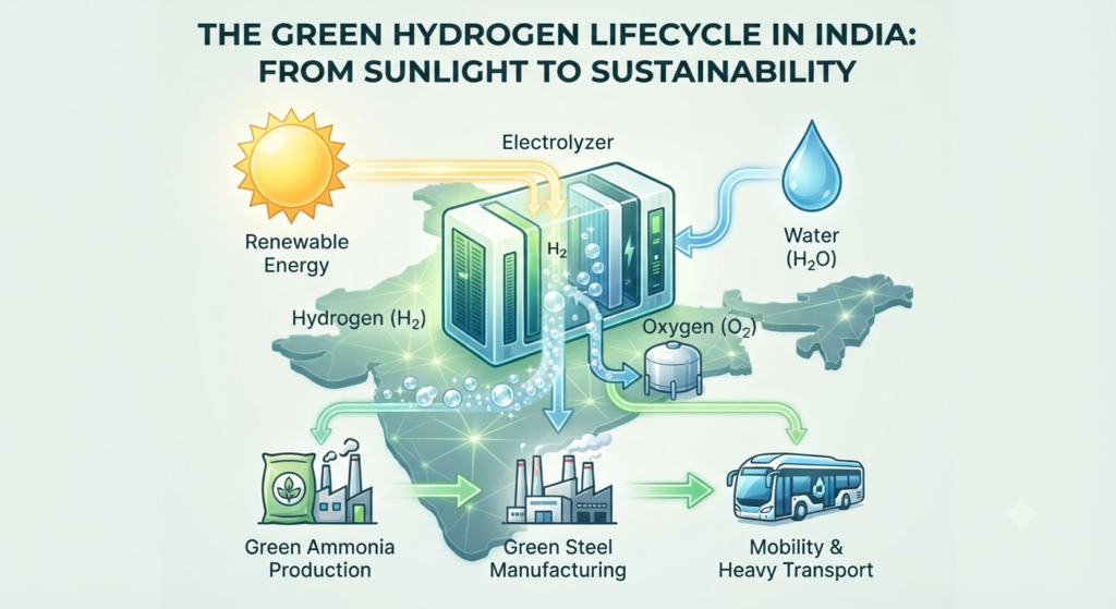 Fueling the Future: India’s Roadmap to Becoming a Global Green Hydrogen Hub This infographic illustrates how India leverages its abundant renewable energy (sunlight and wind) to power electrolyzers, splitting water (H2O) into Green Hydrogen (H2) and oxygen.