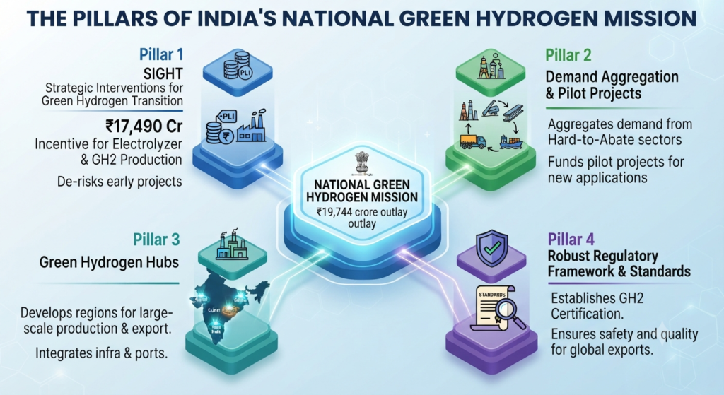 Fueling the Future: India’s Roadmap to Becoming a Global Green Hydrogen Hub This visualization breaks down the four core pillars of the government's ₹19,744 crore strategy