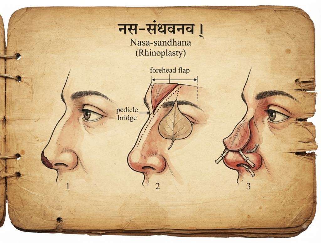 The "Indian Method": A historical manuscript illustration demonstrating the step-by-step process of the forehead flap rhinoplasty.