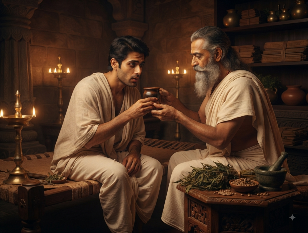 A physician administers a sedative mixture of medicinal wine (madya) and herbal extracts to ease pain before surgery.