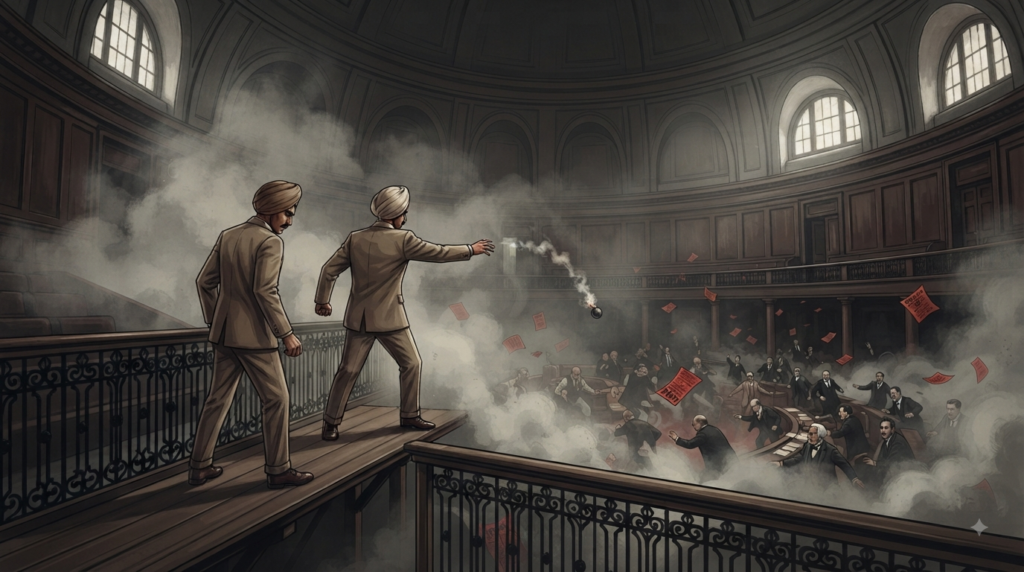 The Man Who Made the Deaf Hear: The Unsung Saga of Batukeshwar Dutt Bhagat Singh and Batukeshwar Dutt in the Central Legislative Assembly on April 8, 1929, with smoke swirling as they declare, "It takes a loud voice to make the deaf hear.