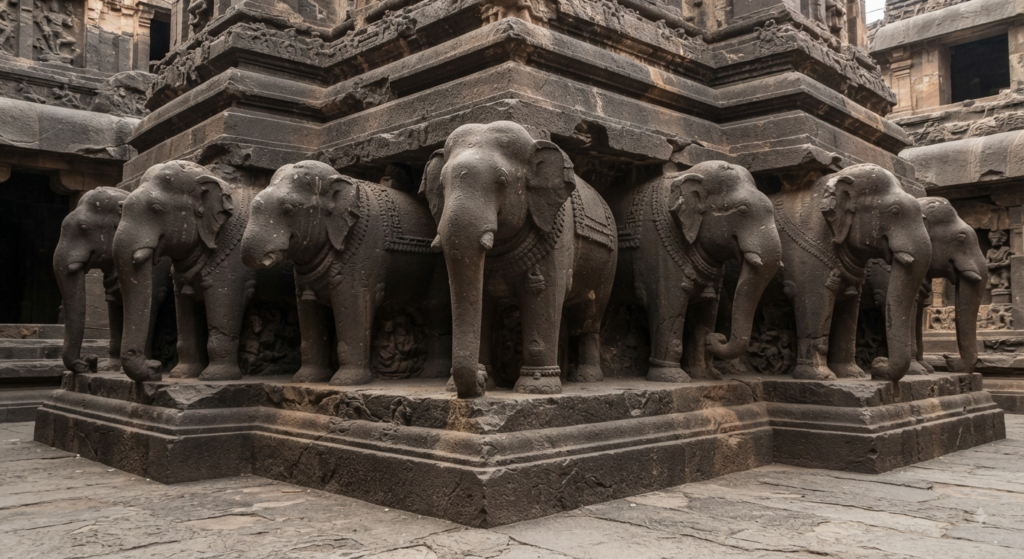 Colossal monolithic elephants supporting the massive plinth of the main shrine.