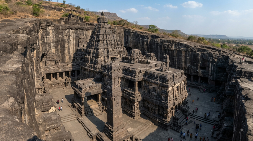 An aerial view of the Kailasa Temple carved from a single basalt cliff at Ellora.