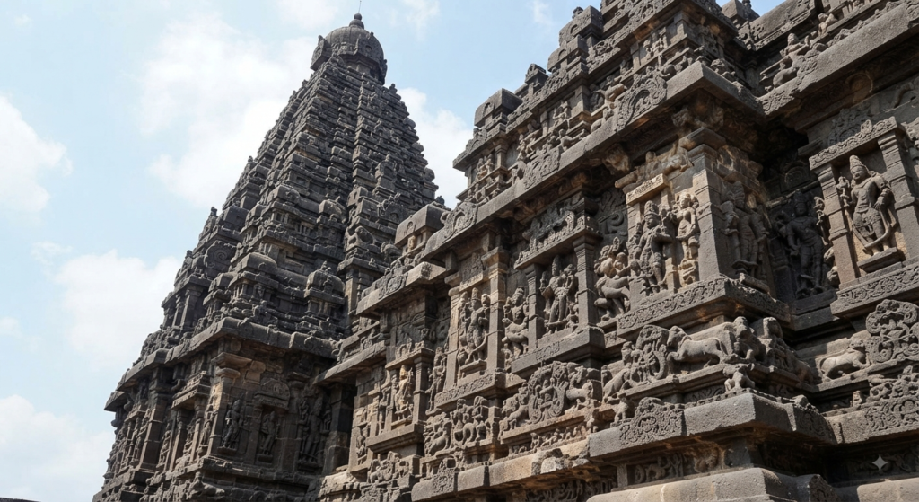 Intricate Dravidian architecture soaring across the multi-tiered tower.
