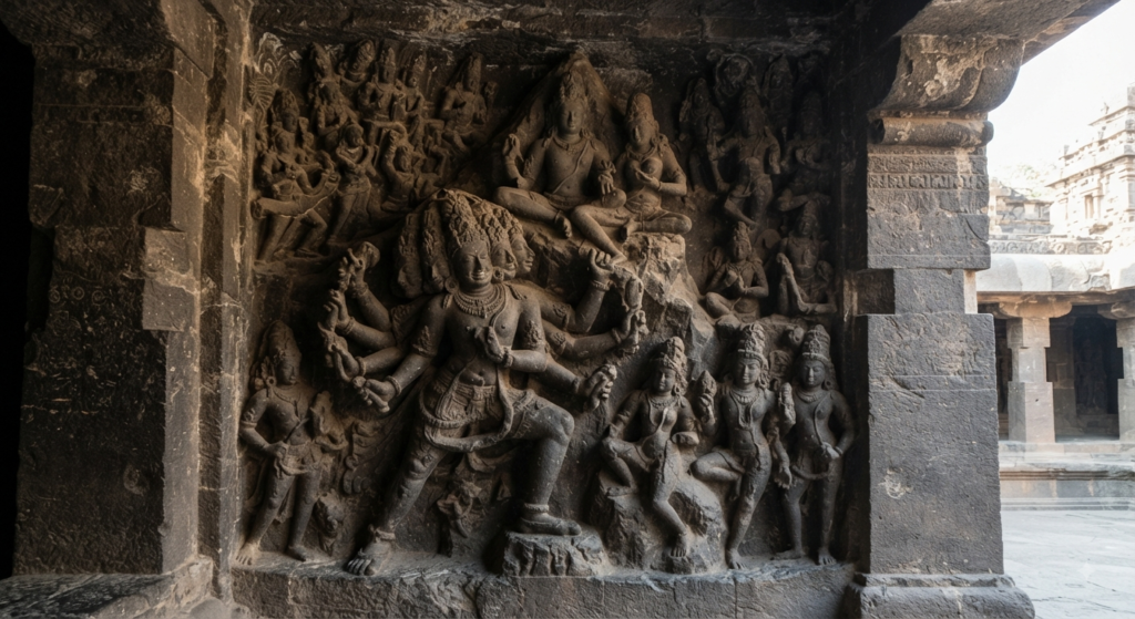The dramatic Ravananugraha relief panel depicting mythological mastery.