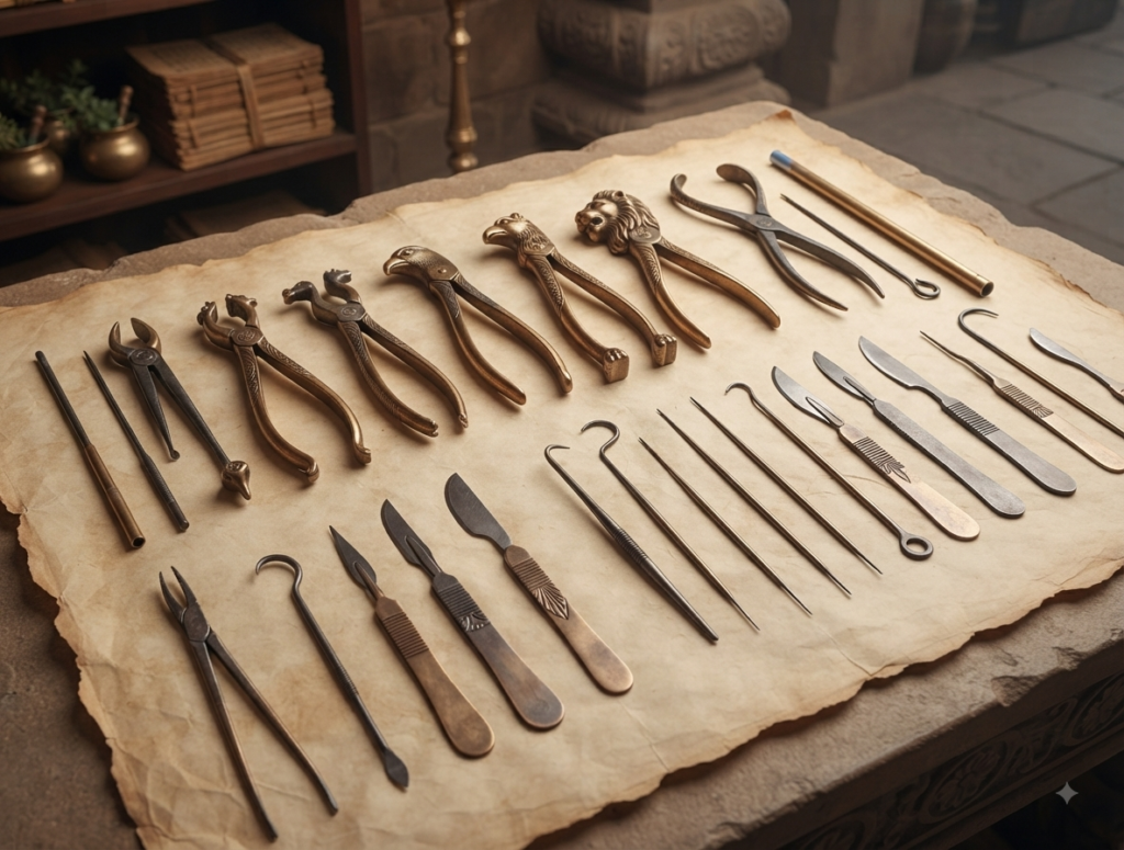 The Toolkit of Antiquity: A detailed flat-lay of the specialized bronze and iron tools detailed in the Sushruta Samhita.