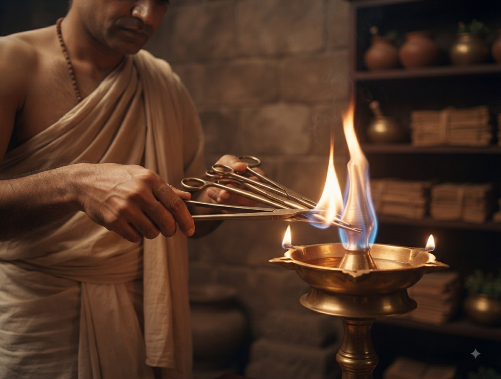 An attendant sterilizes metallic surgical tools by passing their tips through the cleansing flame of a brass oil lamp.
