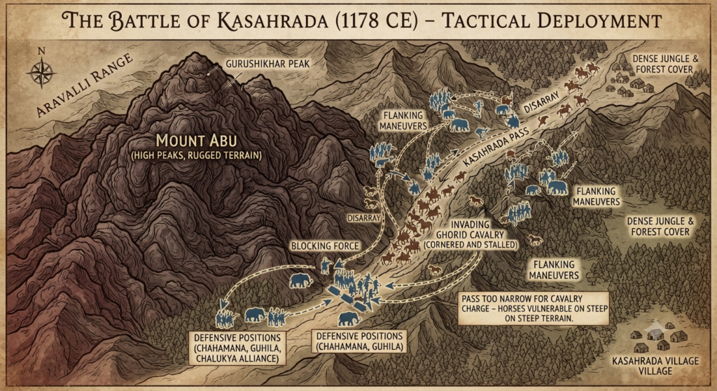 The Kasahrada Trap: This strategic map illustrates the rugged terrain at the foot of Mount Abu. It shows how Queen Naikidevi and her Chalukya confederacy lured Muhammad Ghori's heavy cavalry into the narrow, difficult defile of Kasahrada (marked with the "DIFFICULT TERRAIN" hatching), neutralizing their numerical and tactical advantage and turning the mountain pass into their grave.