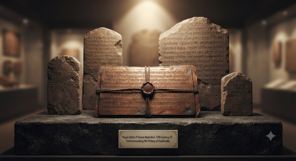 Ancient stone inscriptions and copper-plate grants from the Chalukya era commemorating the historic victory at Kasahrada.