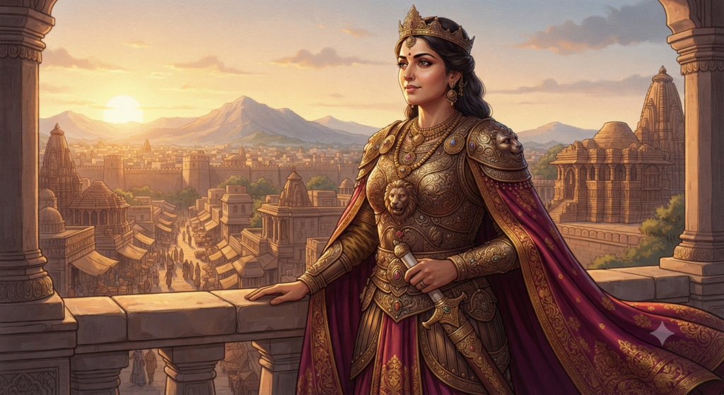 A heroic portrait of Queen Naikidevi in royal Chalukya armor, looking out over her kingdom with steady resolve and grace.