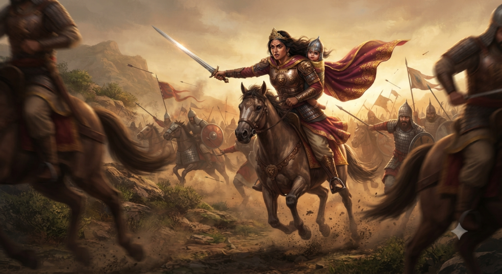Queen Naikidevi gallops fiercely at the vanguard of the Chalukya cavalry, leading the charge against the invading Ghurid army at the Battle of Kasahrada (1178 CE)