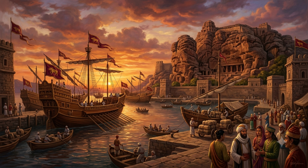 Trade, banners, and stone cliffs—the golden age of Chalukyan maritime supremacy.