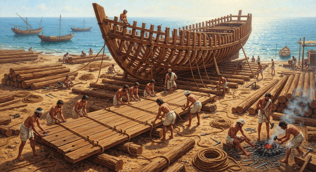 Mastery of Wood and Sea: Ancient shipwrights crafting durable teakwood hulls along the coast using traditional joinery and coir-binding techniques.