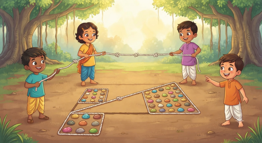 This illustration simplifies the complex diagram from the cover image, making it easy for kids to understand. It shows a large right-angled triangle drawn in the dirt. Three children are actively using a knotted rope to measure the sides. One child holds the zero-knot at the corner, another holds the 3-knot, and the third holds the 4-knot. A fourth child stretches a longer rope (the hypotenuse) between the 3 and 4 marks, which measures exactly 5 units. The squares built on each side are visualized with different colored pebbles, clearly showing that the 9 pebbles (3x3) plus the 16 pebbles (4x4) perfectly fill the space of the 25 pebbles (5x5).