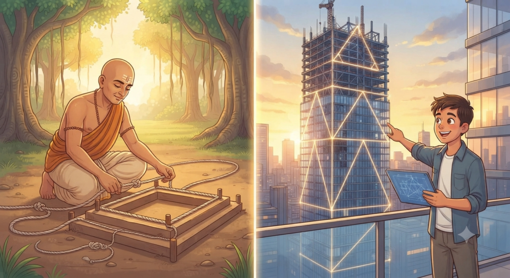 This image builds the bridge to the modern world. It features a split-screen composition. On the left, a quiet, sepia-toned scene of an ancient Vedic Sulba-vid (rope expert) with traditional robes and tripundra mark, using a knotted rope to precisely lay out the foundation of a brick fire altar. The right side transitions into a vibrant, colorful, modern-day city skyline at golden hour. An architect in a modern office is shown using a tablet to design a skyscraper, with geometric lines and triangles visibly overlaid on the building structure, emphasizing that the exact same principles of the right angle are used today to build tall and stable structures.