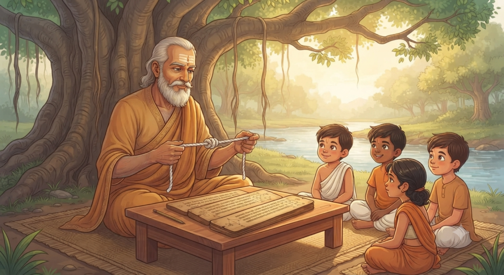 Sage Baudhayana teaching young minds the secrets of geometry using sacred knotted ropes.